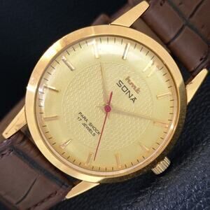 Vintage 1987 HMT Manual Wound Mens Gold Watch & Red accents